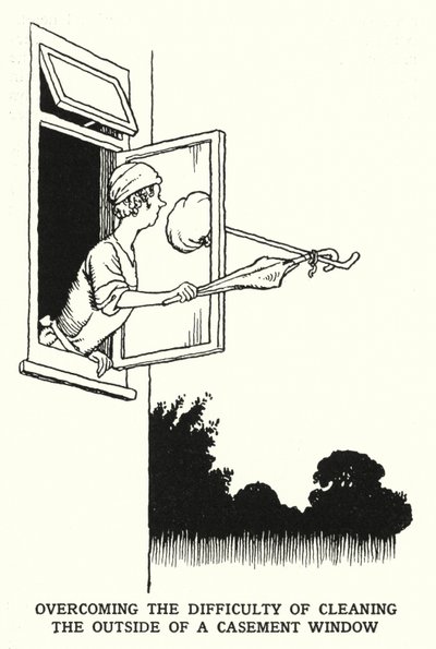 Overvinde vanskeligheden ved at rengøre ydersiden af et vinduesvindue (litho) af William Heath Robinson