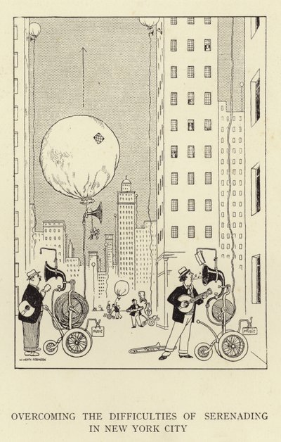 Overvinde vanskelighederne ved at spille serenade i New York City af William Heath Robinson