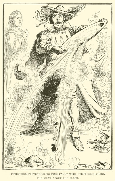 Petruchio, der foregav at finde fejl ved alle retter, kastede kødet rundt på gulvet. af William Heath Robinson