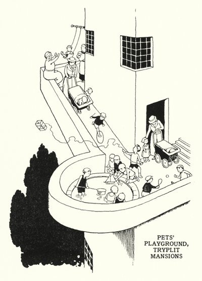 Kæledyrs legeplads, Tryplit Mansions (litho) af William Heath Robinson