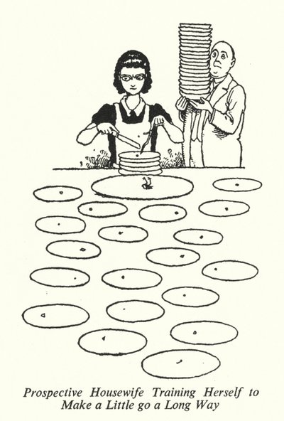 Kommende husmor træner sig selv til at få lidt til at gå langt (litho) af William Heath Robinson