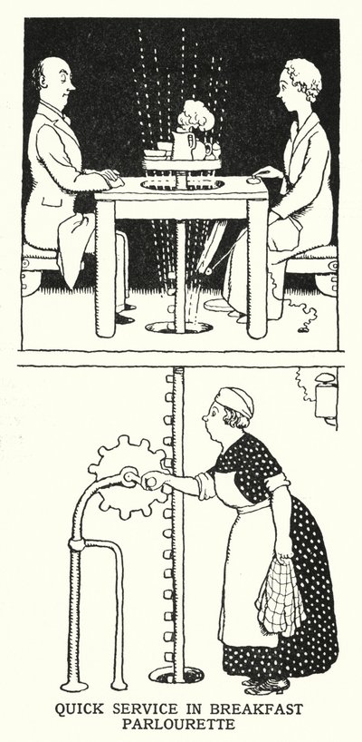 Hurtig service i morgenmadssalonen (litho) af William Heath Robinson