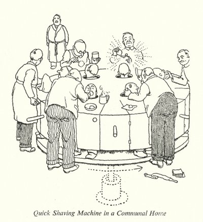 Hurtig barbermaskine i et fælles hjem (litho) af William Heath Robinson