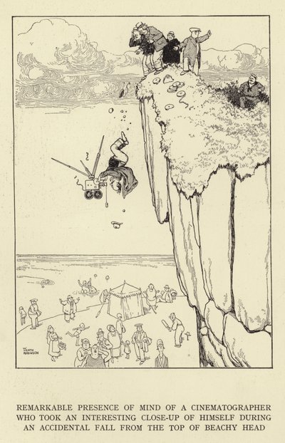 Bemærkelsesværdig tilstedeværelse af sind af en filmfotograf, der tog et interessant nærbillede af sig selv under et utilsigtet fald fra toppen af Beachy Head af William Heath Robinson