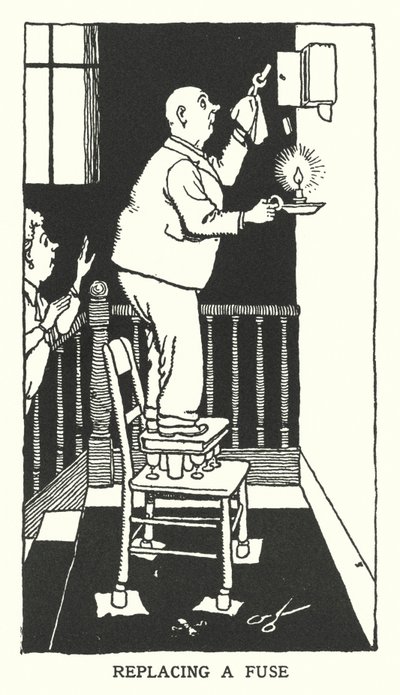 Udskiftning af en sikring (litho) af William Heath Robinson
