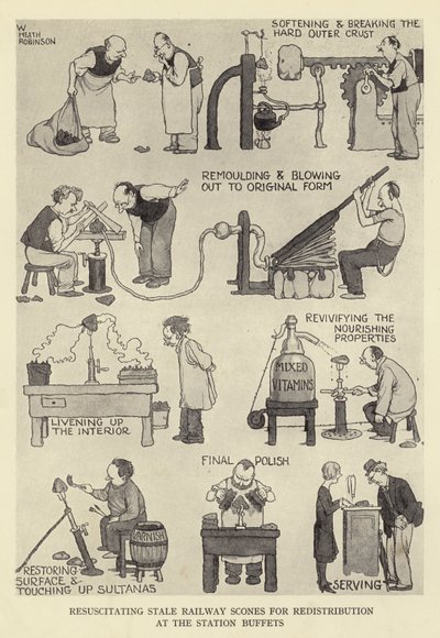 Genoplivning af uaktuelle jernbanescones til omfordeling ved stationens buffeter af William Heath Robinson