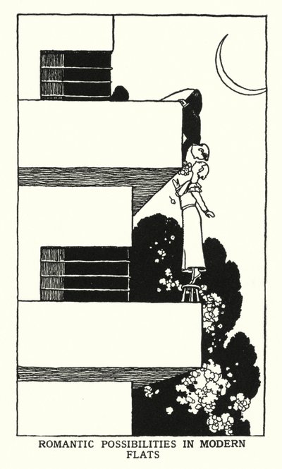 Romantiske muligheder i moderne lejligheder (litho) af William Heath Robinson