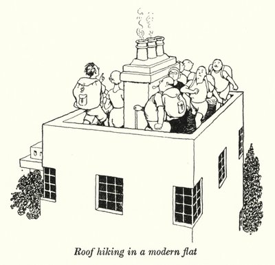 Tagvandring i en moderne lejlighed (litho) af William Heath Robinson