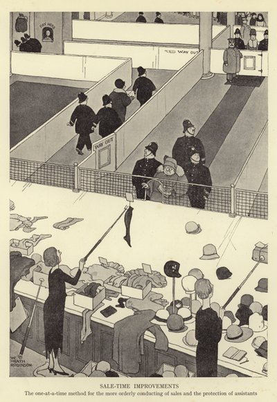 Forbedringer af salgstidspunktet, metoden "en ad gangen" for at sikre en mere ordentlig afvikling af salget og beskyttelse af assistenterne af William Heath Robinson
