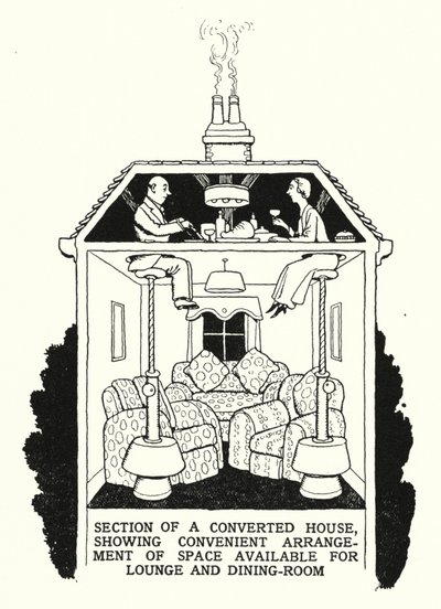 Sektion af et ombygget hus, der viser praktisk indretning af ledig plads til stue og spisestue (litho) af William Heath Robinson