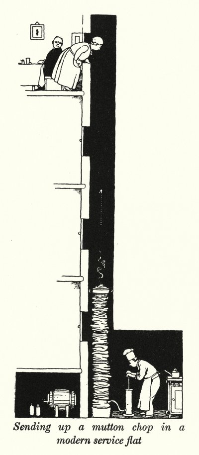 Sender en fårekotelet op i en moderne servicelejlighed (litho) af William Heath Robinson