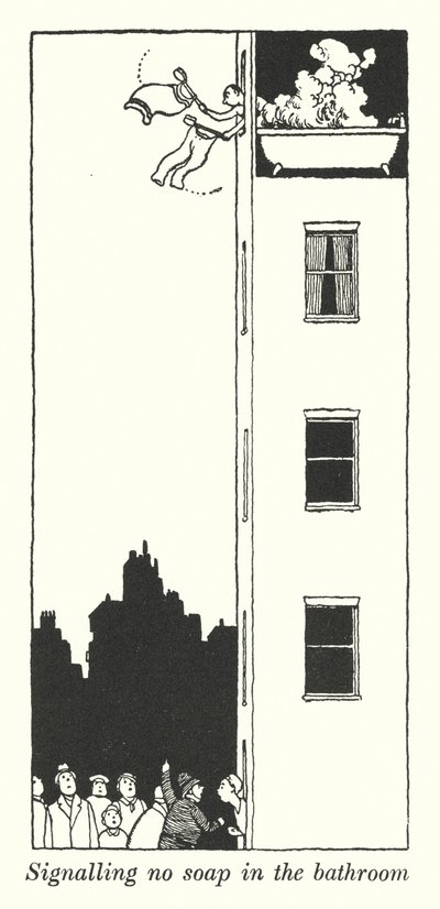 Signalerer ingen sæbe på badeværelset (litho) af William Heath Robinson