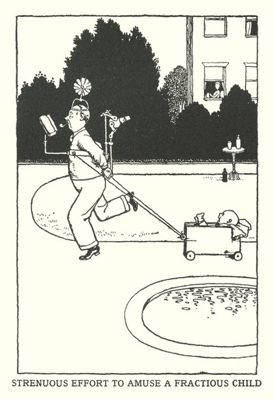 Anstrengende bestræbelser på at underholde et dårligt barn (litho) af William Heath Robinson