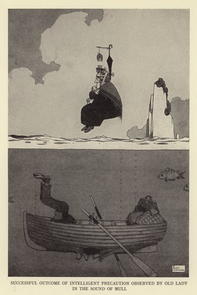 Succesfuldt resultat af intelligente forholdsregler observeret af gammel dame i lyden af mull af William Heath Robinson