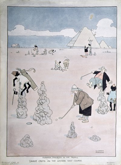 Sommerproblemer i troperne - Slangekast på Sahara-golfbanen (pen, blæk og akvarel) af William Heath Robinson