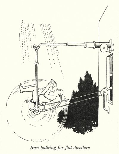 Solbadning for lejlighedsboere (litho) af William Heath Robinson