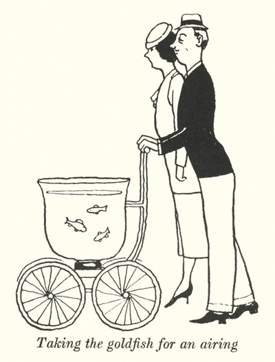 Tager guldfisken med til luftning (litho) af William Heath Robinson