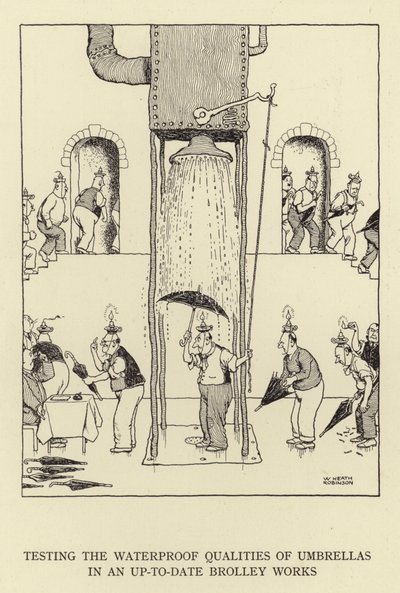 Test af paraplyers vandtætte egenskaber i et up-to-date Brolley Works af William Heath Robinson