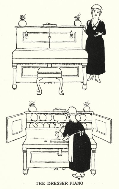 Kommoden-klaveret (litho) af William Heath Robinson