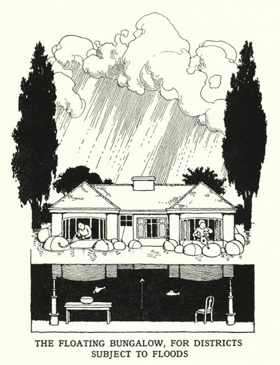 Den flydende bungalow, til distrikter, der er udsat for oversvømmelser (litho) af William Heath Robinson