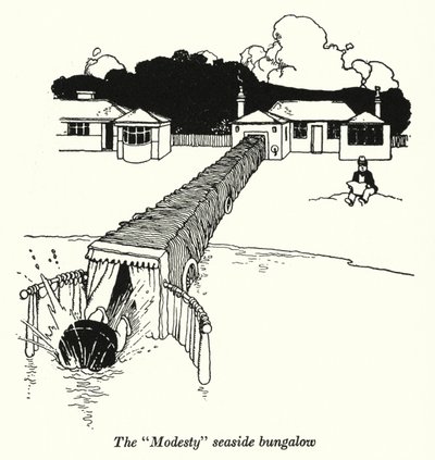 Bungalowen "Modesty" ved havet (litho) af William Heath Robinson
