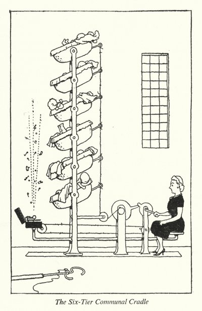 Seks-lags fælles vugge (litho) af William Heath Robinson