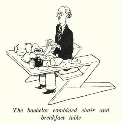 Ungkarlen kombineret stol og morgenbord (litho) af William Heath Robinson
