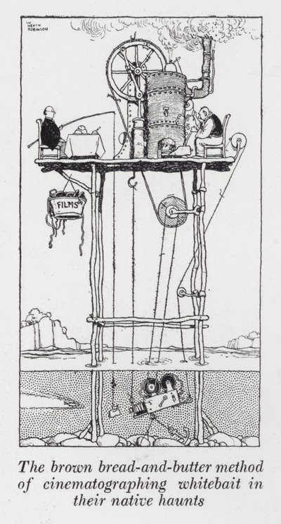 Den brune brød-og-smør-metode til at filme hvidbait i deres oprindelige tilholdssteder (litho) af William Heath Robinson