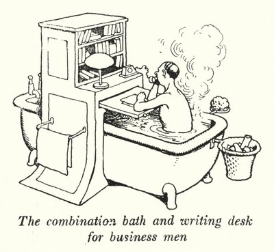 Kombinationen af badekar og skrivebord til forretningsmænd (litho) af William Heath Robinson