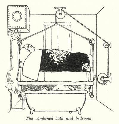 Det kombinerede bad og soveværelse (litho) af William Heath Robinson