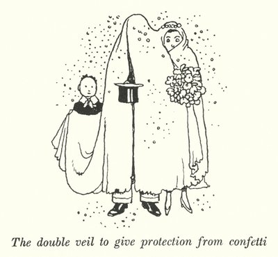 Det dobbelte slør giver beskyttelse mod konfetti (litho) af William Heath Robinson