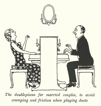 Dobbeltklaveret til ægtepar, for at undgå kramper og gnidninger, når de spiller duetter (litho) af William Heath Robinson