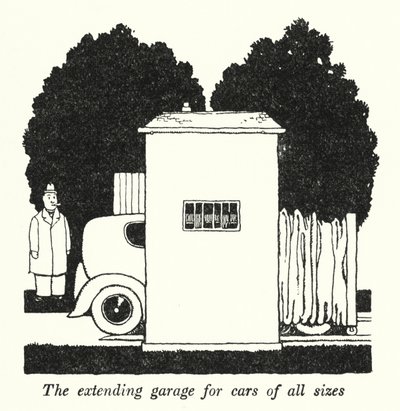 Den forlængende garage til biler i alle størrelser (litho) af William Heath Robinson