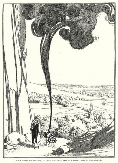 Magikeren satte ild til dem, og da de stod i flammer, kastede han noget røgelse i (gravering) af William Heath Robinson