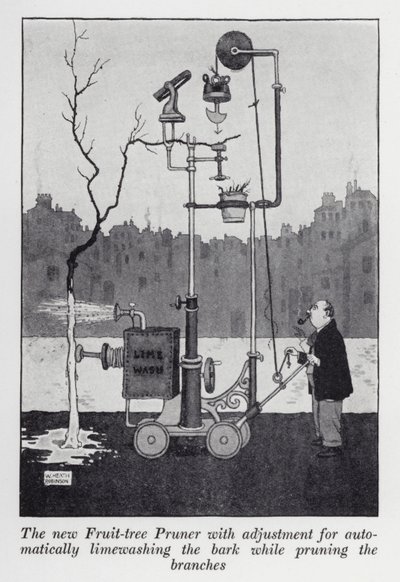 Den nye Frugttræsbeskærer med justering til automatisk kalkvask af barken under beskæring af grenene (litho) af William Heath Robinson