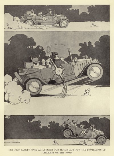 Den nye sikkerhedsgaffeljustering til biler til beskyttelse af høns på vejen af William Heath Robinson