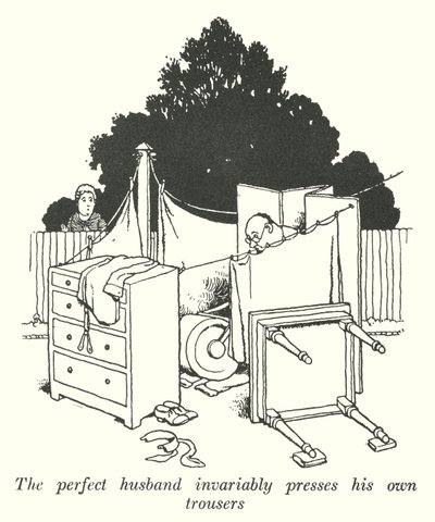 Den perfekte ægtemand presser uvægerligt sine egne bukser (litho) af William Heath Robinson