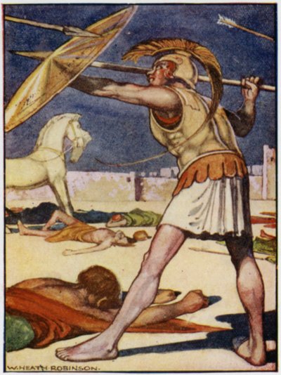 Spydets spids fløj over venstre skulder på Patroclus (farve litho) af William Heath Robinson