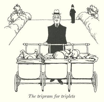 Tripram til trillinger (litho) af William Heath Robinson