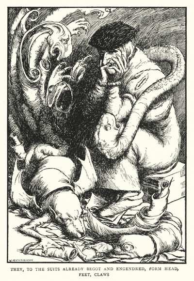 De, til de dragter, der allerede er avlet og frembragt, danner hoved, fødder, kløer (litho) af William Heath Robinson