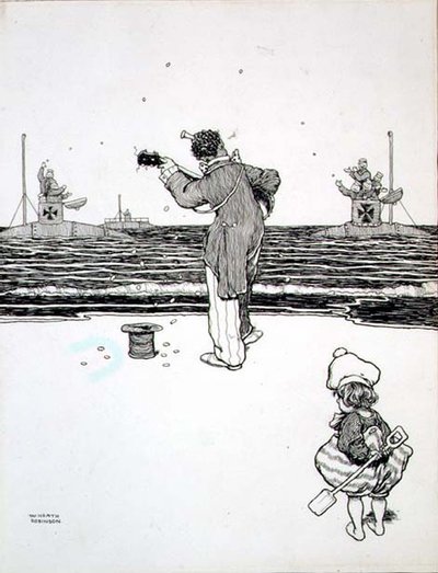Handel med fjenden på Yarmouth Sands, fra "Some Frightful War Pictures" af William Heath Robinson