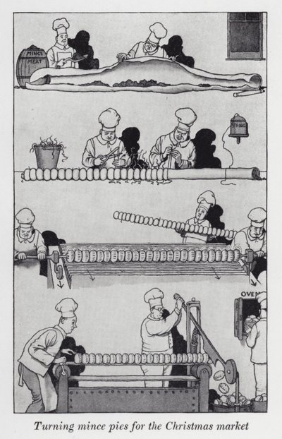 Drejning af hakketærter til julemarkedet (litho) af William Heath Robinson