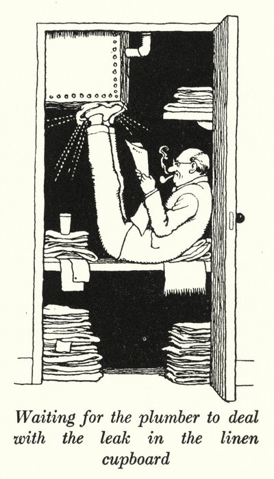 Venter på, at blikkenslageren tager sig af lækagen i linnedskabet (litho) af William Heath Robinson