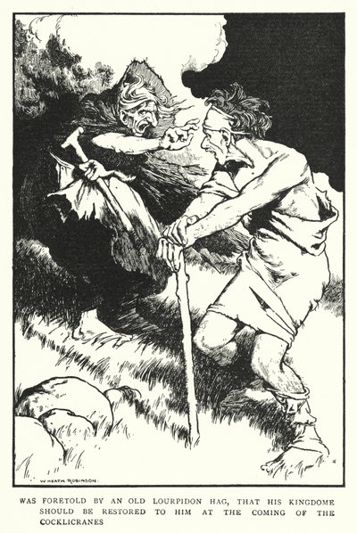 Blev forudsagt af en gammel Lourpidon-hage, at hans rige skulle blive genoprettet til ham ved Cocklicranernes komme (litho) af William Heath Robinson