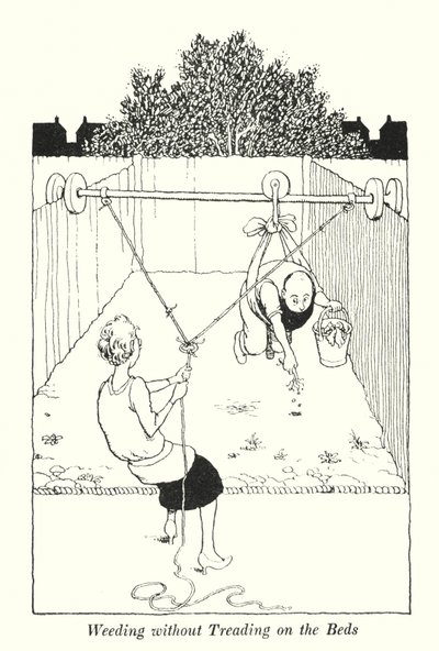 Lugning uden at træde på sengene (litho) af William Heath Robinson
