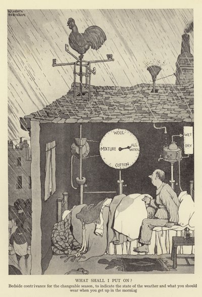 Hvad skal jeg sætte på sengetøjet til den skiftende sæson, for at angive vejrets tilstand, og hvad du skal have på, når du står op om morgenen af William Heath Robinson