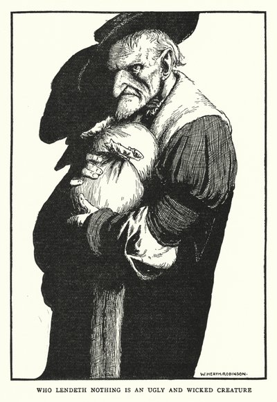 Den, der ikke låner noget, er en grim og ond skabning (litho) af William Heath Robinson