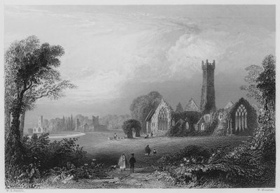 Augustinerklosteret, Adare, med Fitzgeralds Slot og Francescan Abbey (gravering) af William Henry (after) Bartlett