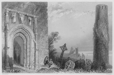 Indgangsdøråbning til Temple Mc Durmot, Clonmacnoise (gravering) af William Henry (after) Bartlett