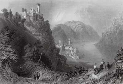 Oberwesel og slottet Schomberg (kobberstik) af William Henry (after) Bartlett
